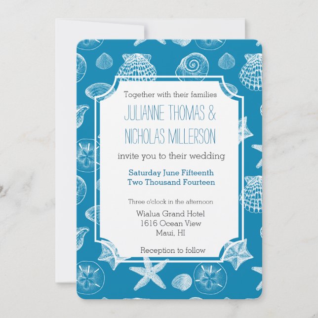 Nautical Beach Muscheln Aqua White Wedding Einladung (Vorderseite)