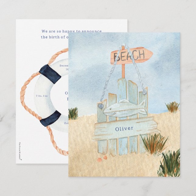 Nautical Beach Ocean Lifebuoy Birth Announcement Mitteilungskarte (Vorne/Hinten)