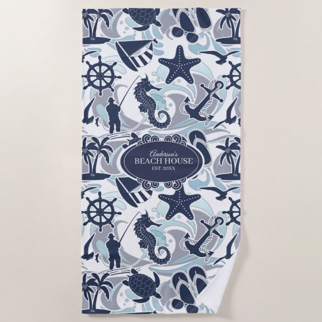 Nautical Beach Pattern Navy ID839 Strandtuch (Vorderseite)