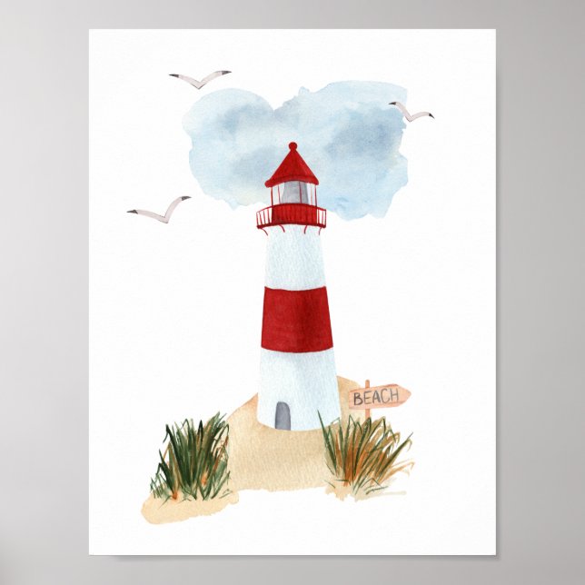 Nautical Beach Red And White Lighthouse Nursery  Poster (Vorne)