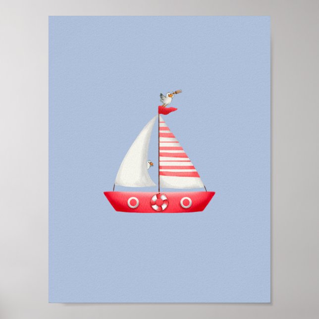 Nautical Beach Red Sailboat With Seagulls Nursery  Poster (Vorne)