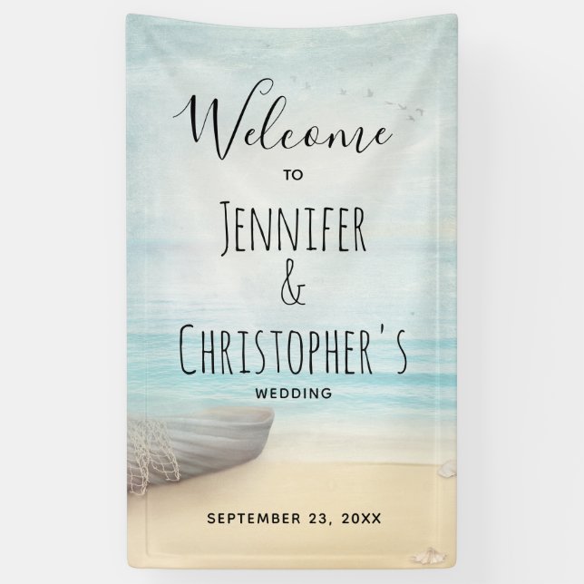Nautical Beach Scene Coastal Theme Wedding Banner (Vertikal)