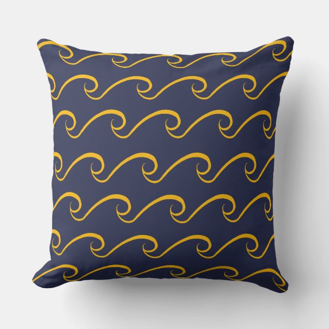 Nautical Beach Wave Navy Blue und Gold Pillow Kissen (Vorderseite)