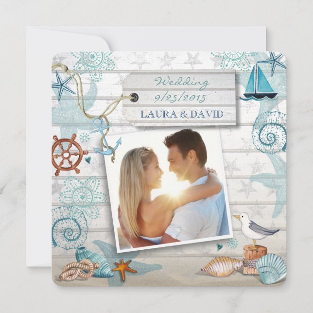 Nautical Beach Wedding Einladungs-Foto Einladung (Vorderseite)