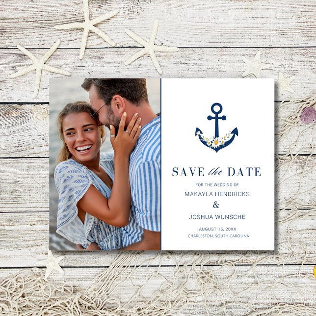 Nautical Beach Wedding Foto Save the Date Ankündigungspostkarte (Nautical Beach Wedding Photo Save the Date)