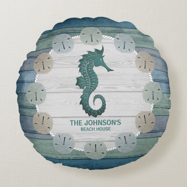 Nautical Beach Wood and Seepferd - Dunkelblau Aqua Rundes Kissen (Vorderseite)