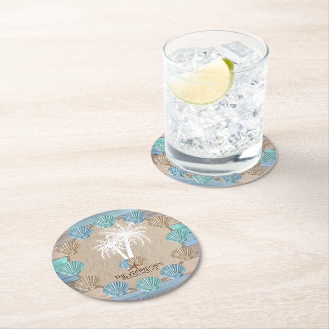 Nautical Beach Wood Design mit Palmenbaum Runder Pappuntersetzer (Vor Ort)
