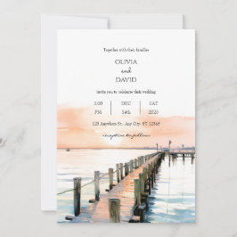 Nautical Beachside Orange Sky Sunset Pier Wedding Einladung