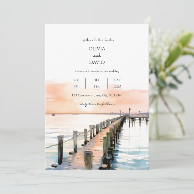 Nautical Beachside Orange Sky Sunset Pier Wedding Einladung (Stehend Vorderseite)