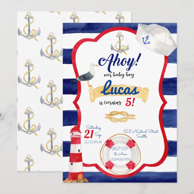 Nautical Birthday Invitation Einladung (Vorne/Hinten)