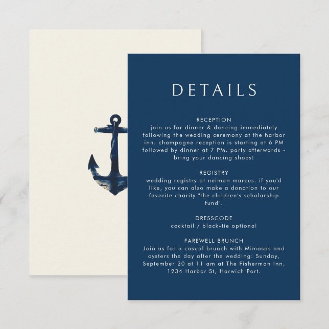 Nautical Blue Anchor Stilvolle Hochzeit im moderne Begleitkarte (Vorne/Hinten)