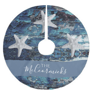 Nautical Blue Beach Rusticus Starfish Familienname Polyester Weihnachtsbaumdecke
