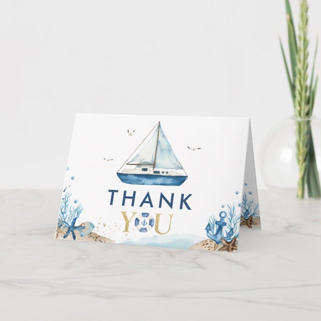 Nautical Blue Boat Ahoy Es ist eine Baby-Dusche Dankeskarte (Vorderseite)