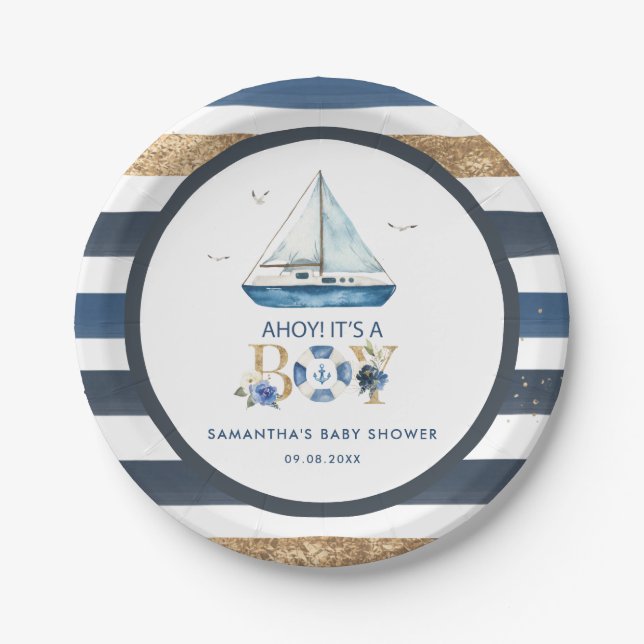 Nautical Blue Boat Ahoy Es ist eine Baby-Dusche Pappteller (Vorderseite)