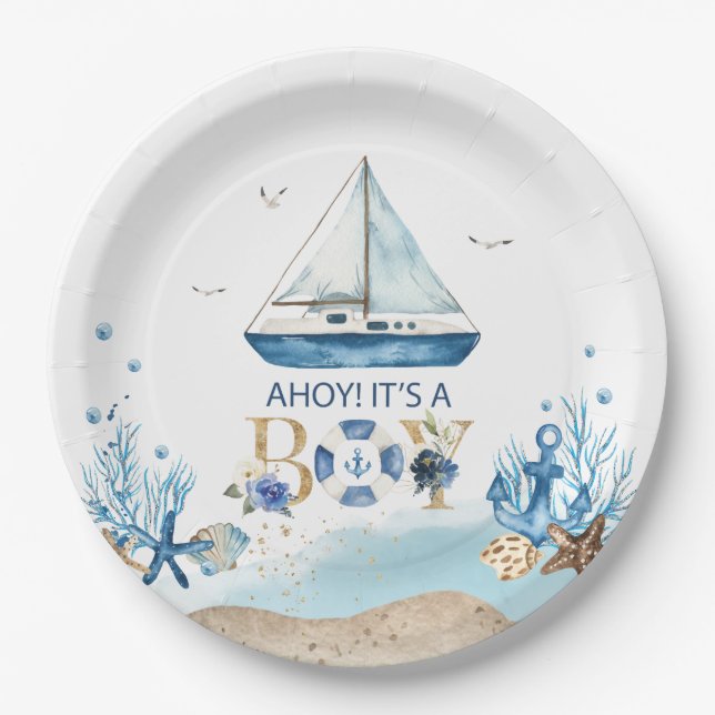 Nautical Blue Boat Ahoy Es ist eine Baby-Dusche Pappteller (Vorderseite)