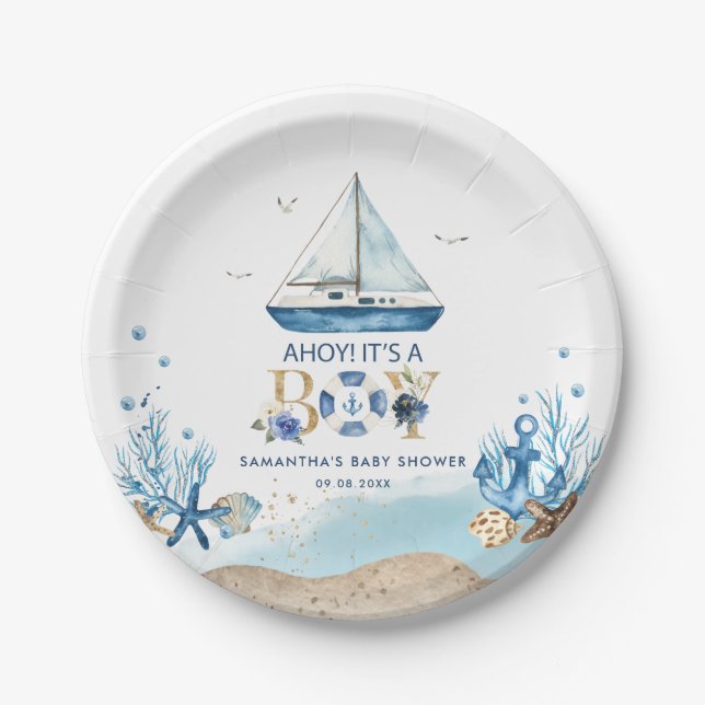 Nautical Blue Boat Ahoy Es ist eine Baby-Dusche Pappteller (Vorderseite)