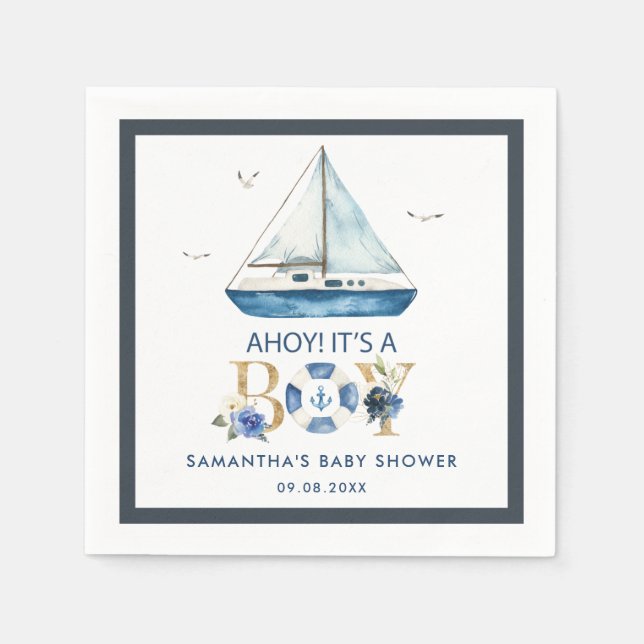 Nautical Blue Boat Ahoy Es ist eine Baby-Dusche Serviette (Vorderseite)
