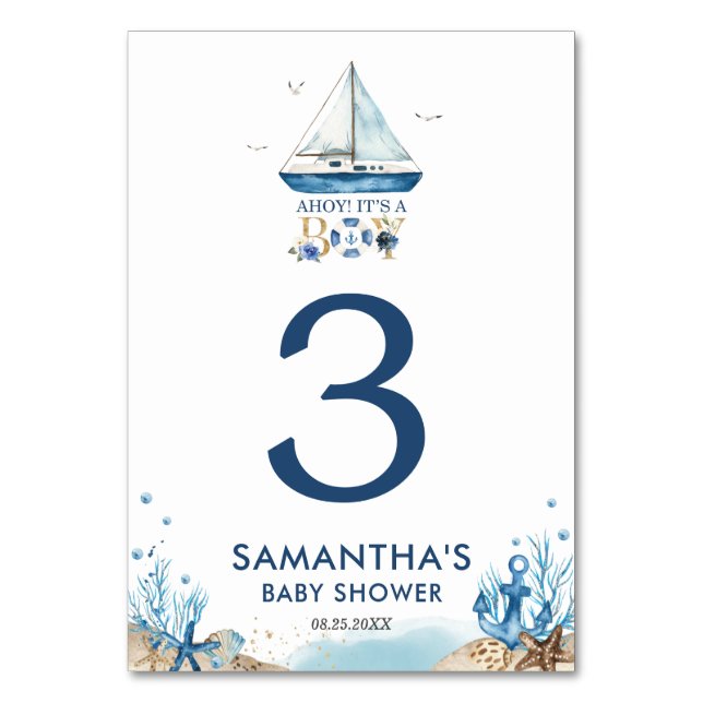 Nautical Blue Boat Ahoy Es ist eine Baby-Dusche Tischnummer (Vorderseite)