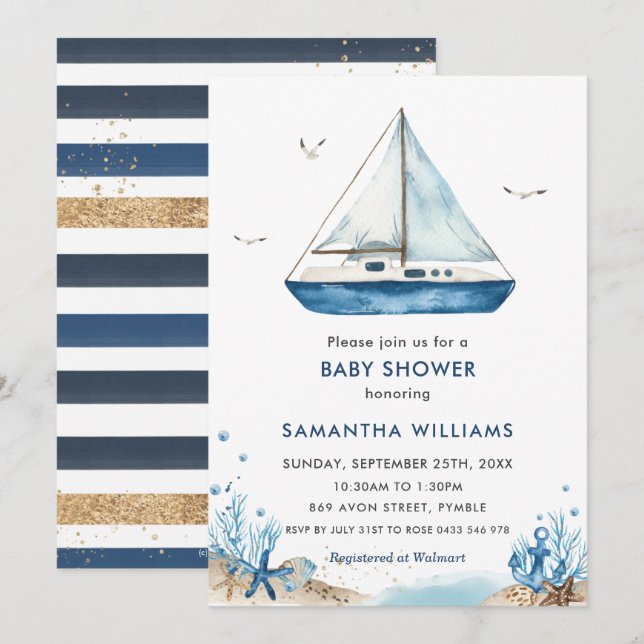 Nautical Blue Boat Baby Shower Einladung (Vorne/Hinten)