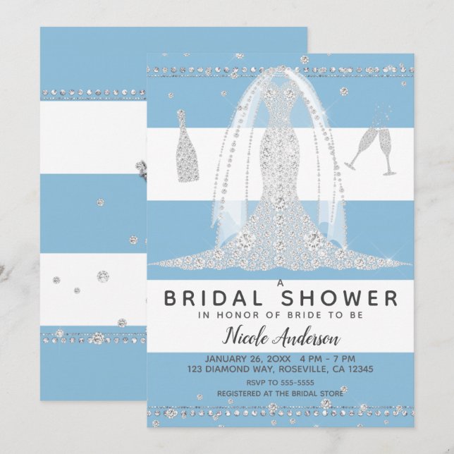 Nautical Blue Diamond Wedding Dress Brautparty Einladung (Vorne/Hinten)