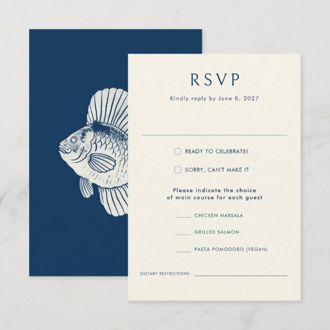 Nautical Blue Fish Stilvolle Hochzeit des modernen RSVP Karte (Vorne/Hinten)