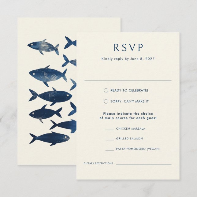 Nautical Blue Fish Stilvolle Hochzeit des modernen RSVP Karte (Vorne/Hinten)