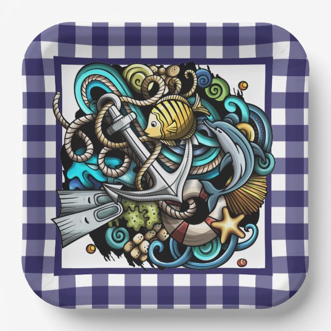 Nautical Blue Gingham Paper Plate Pappteller (Vorderseite)