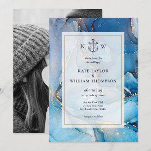 Nautical Blue Gold Agate Monogram Wedding Foto Einladung