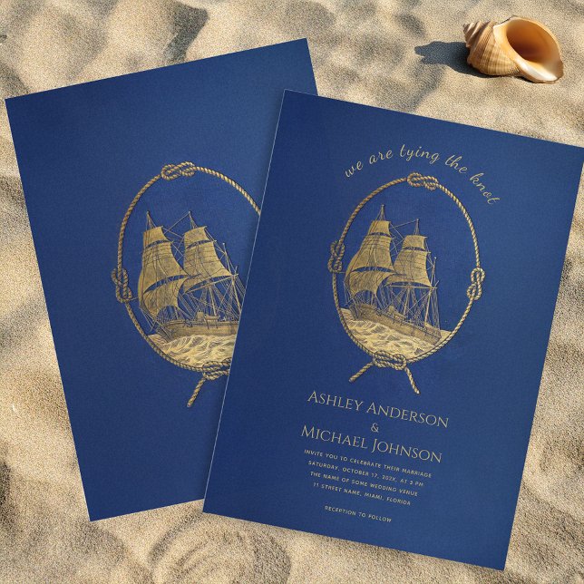 Nautical Blue Gold Ship Sea binden die Knotenhochz Einladung (Von Creator hochgeladen)