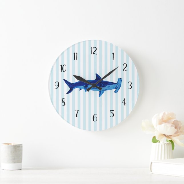Nautical Blue Hammerhead Shark Strip Große Wanduhr (Zuhause)