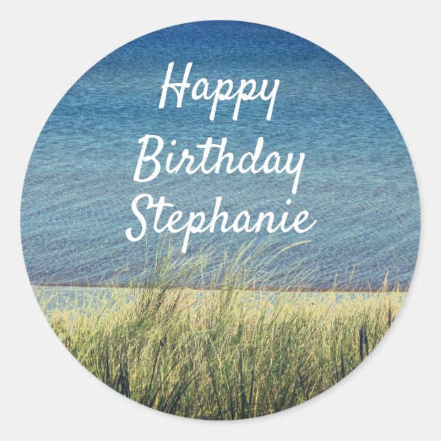 Nautical Blue Happy Birthday Beach Landschaft Nied Runder Aufkleber (Vorderseite)