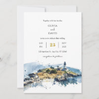 Nautical Blue Lighthouse Watercolor Beach Wedding