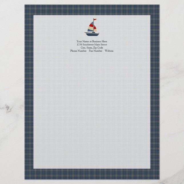 Nautical Blue, Red, Creme Sailboat Custom Briefkopf (Vorderseite)