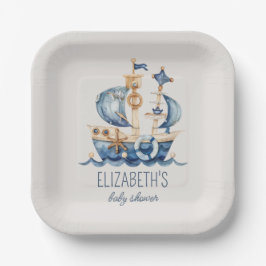 Nautical Blue Sailing Ship Baby Shower Pappteller