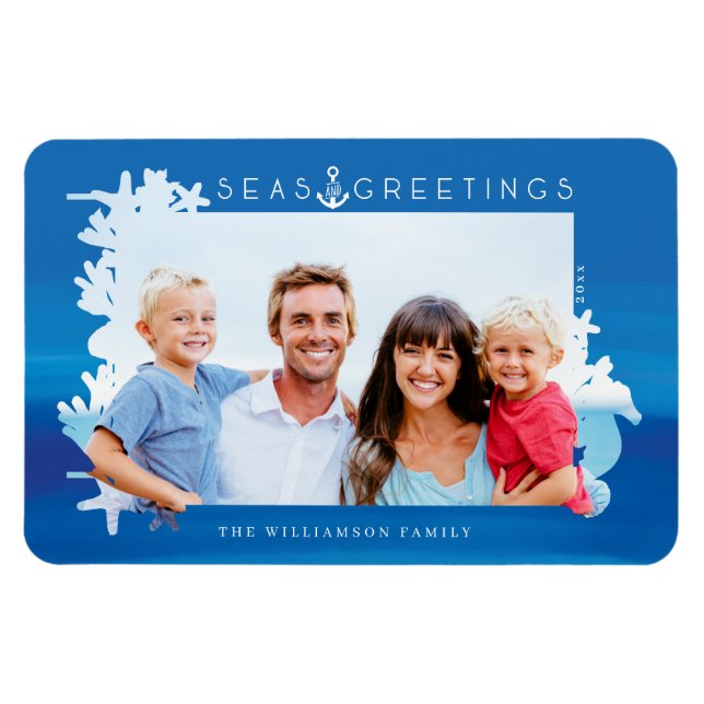 Nautical Blue Seas & Greetings Ocean Foto Frame Magnet (Horizontal)