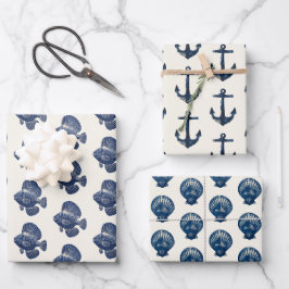 Nautical Blue Seaside Anchor Muschel Fish Geschenkpapier Set