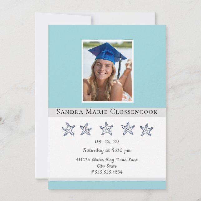 Nautical Blue Starfish Graduierte gratulieren Einladung (Rückseite)