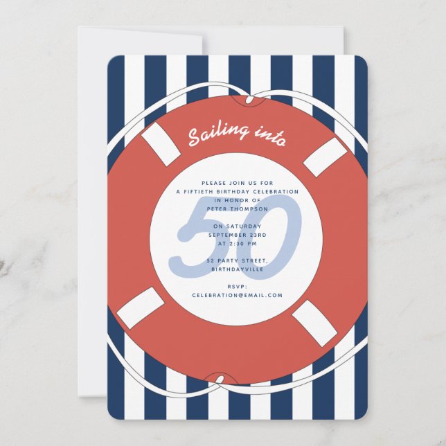 Nautical Blue Striped 50. Geburtstag Einladung (Vorderseite)