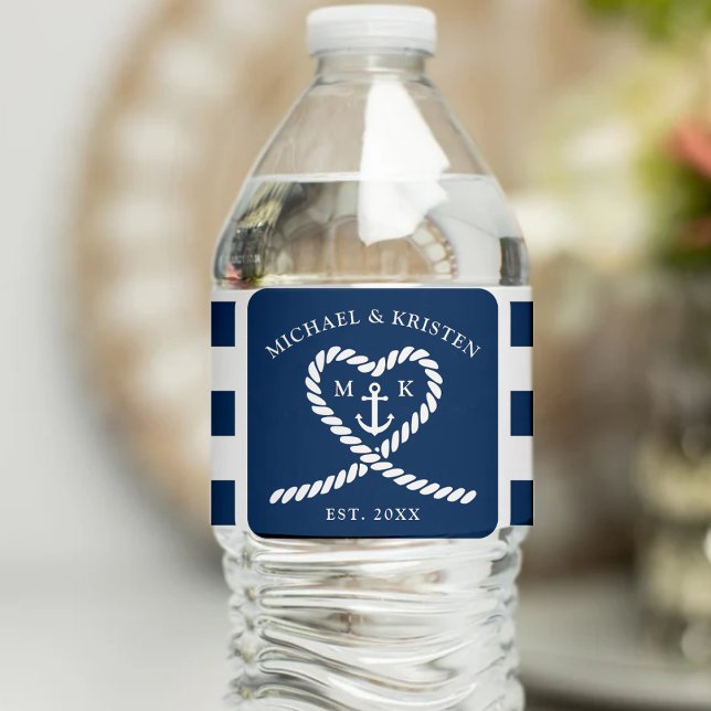 Nautical Blue Striped Heart Anchor Wedding (Nautical Blue Striped Heart Anchor Wedding Water Bottle Label
)