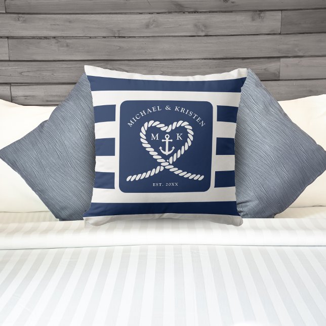 Nautical Blue Striped Heart Anchor Wedding Kissen (Nautical Blue Striped Heart Anchor Wedding Throw Pillow)