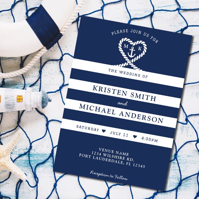 Nautical Blue Striped Rope Heart Anchor Wedding Einladung (Nautical Blue Striped Rope Heart Anchor Wedding Invitation)