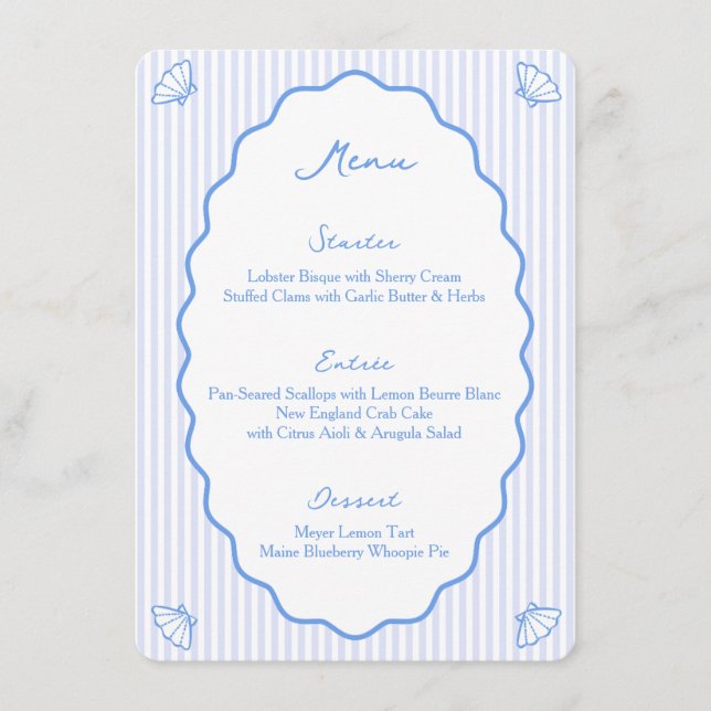 Nautical Blue Striping Coastal Chic Whimsical Blue Menükarte (Vorderseite)