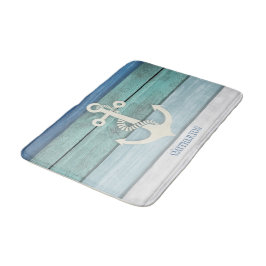 Nautical Blue Turquoise Distressed Wood Anchor Badematte