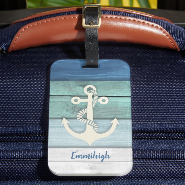 Nautical Blue Turquoise Distressed Wood Anchor Gepäckanhänger (Vorderseite Insitu 2)