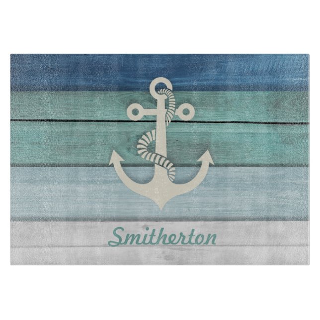 Nautical Blue Turquoise Distressed Wood Anchor Schneidebrett (Vorderseite)