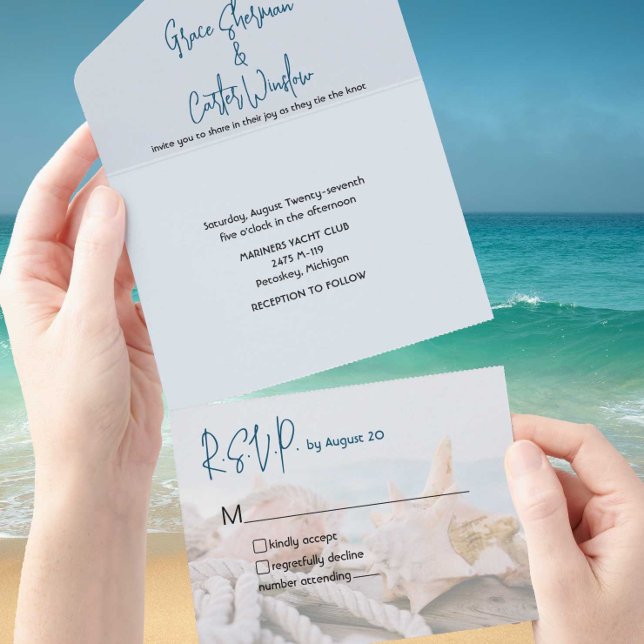Nautical Blue Water Muscheln Beach Hochzeit All In One Einladung (Whether your wedding is on the beach or at the yacht club these invitations are an awesome choice.)