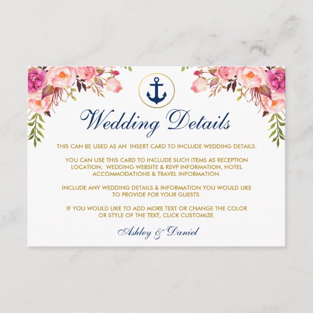 Nautical Blue Wedding Floral Details Beipackkarte Begleitkarte (Vorderseite)