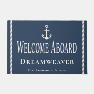 Nautical Blue Welcome Yacht Name Anchor Fußmatte