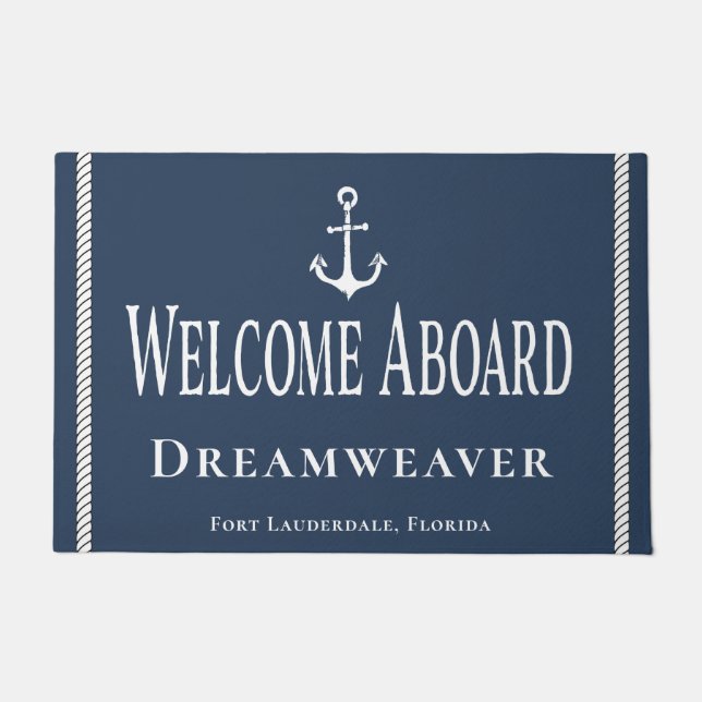 Nautical Blue Welcome Yacht Name Anchor Fußmatte (Vorderseite)