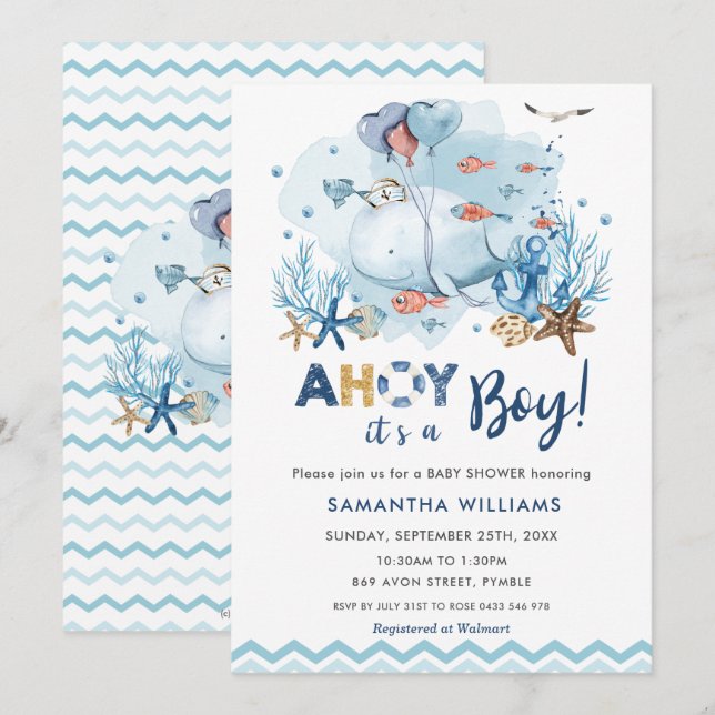 Nautical Blue Whale Ahoy Es ist eine Baby-Dusche Einladung (Vorne/Hinten)